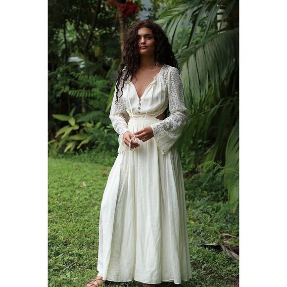 Free People Free-est Lacie Maxi Dress Gauze Bell Sleeve Lace Cutout L New 283147 - Picture 1 of 9